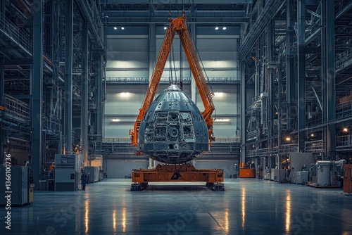 Fototapeta Naklejka Na Ścianę i Meble -  A large spacecraft capsule is being lifted and transported inside a massive industrial facility.
