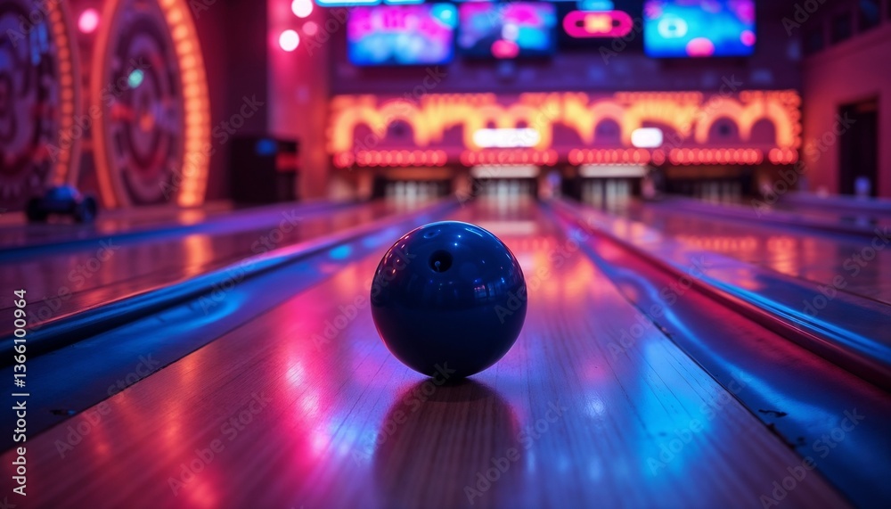 Blue bowling ball in vibrant atmosphere, focused on alley, colorful neon lights background