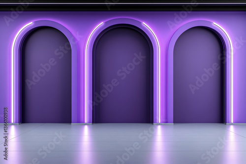 Purple wall with three arches, neon lights, minimalist design and sleek flooring