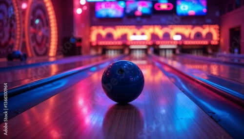 Obraz na płótnie Blue bowling ball in vibrant atmosphere, focused on alley, colorful neon lights background w salonie