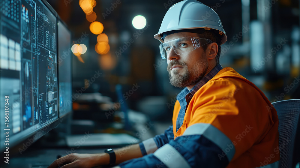 Engineer in safety gear focused on workstation with screens Engineer in safety gear focused on workstation with screens