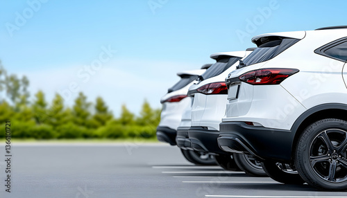 Row of white SUVs parked in an open-air lot on a sunny day, shallow depth of field