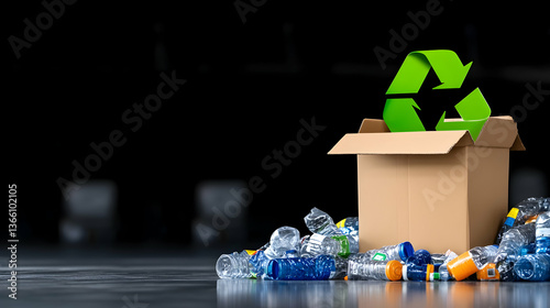 Recycling concept Cardboard box with green recycle symbol atop pile of plastic bottles