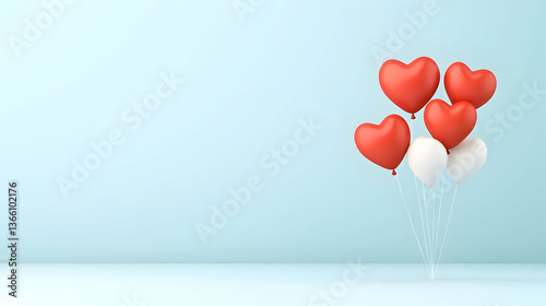 Red & white heart balloons rise from light blue space