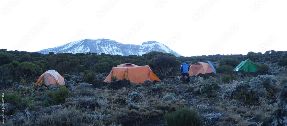 Scenery of Shira Camp on trail to Kilimanjaro with tents and silhouette of Mount Kilimanjaro on horizon, Machame Route, Tanzania