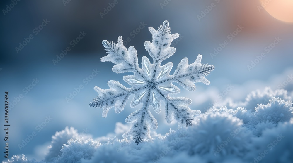Close-up of a delicate snowflake on snowy background, illuminated by soft sunlight. Perfect for winter-themed designs, holiday cards, or nature photography projects. Close-up of a delicate snowflake on snowy background, illuminated by soft sunlight. Perfect for winter-themed designs, holiday cards, or nature photography projects.
