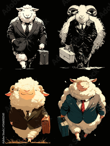 Whimsical sheep in business suits carrying briefcases, blending humor with professionalism. A creative and fun illustration perfect for office, career, or motivational concepts.

