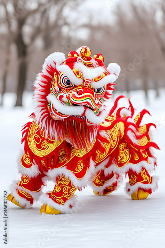 Red and gold lion dance costume in snowy park