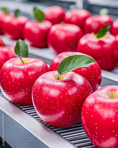 Red apples neatly aligned with green leaves on a metallic conveyor belt surface