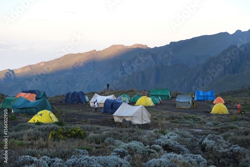 Obraz na płótnie Scenery of Shira Camp on trail to Kilimanjaro with tents and mountains on horizon, Tanzania w salonie