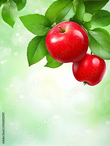 Red apples with green leaves against a light green bokeh background