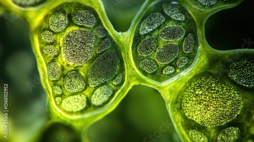 A close-up of plant cells under a microscope, with intricate details of chloroplasts and cell walls visible