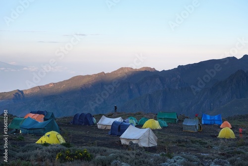 Obraz na płótnie Scenery of Shira Camp on trail to Kilimanjaro with tents and mountains on horizon, Tanzania w salonie