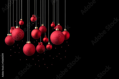 Red Christmas ornaments hanging on strings against a black background