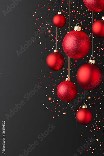 Red Christmas ornaments hanging against a dark background with gold glitter