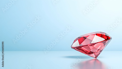Red diamond gem stone angled on smooth surface with light blue background and subtle shadows