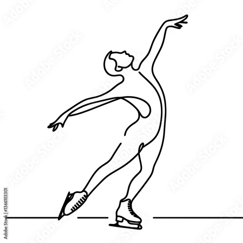 Elegant male figure skater performing a graceful pose on ice, continuous line drawing  