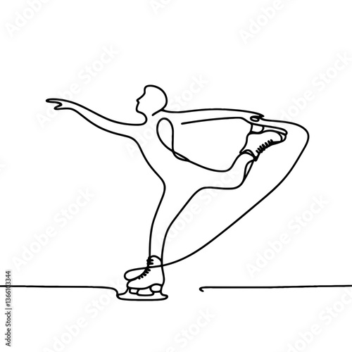 Skater performing a graceful pose on ice against a simple background, continuous line drawing  