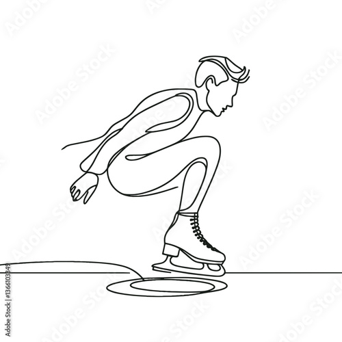 Elegant skater performing a jump on the ice rink background, continuous line drawing  
