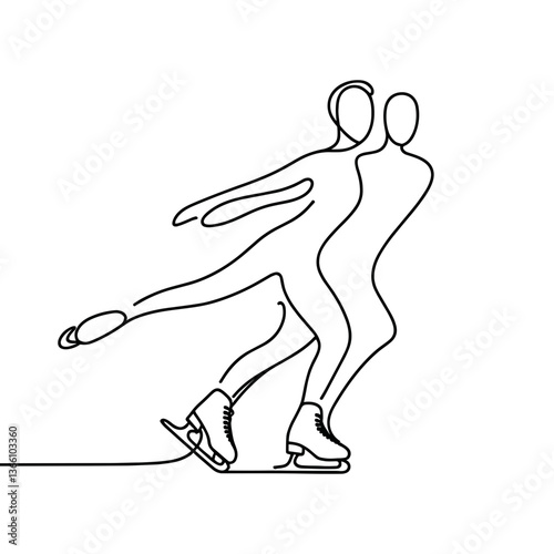 Skaters in motion embracing each other on an ice rink, continuous line drawing  