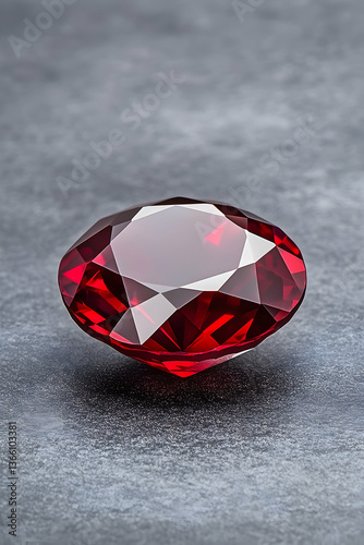 Red faceted gemstone on gray background with detailed facets and bright highlights