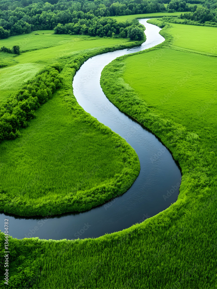 Obraz premium Serpentine river meanders through lush green fields