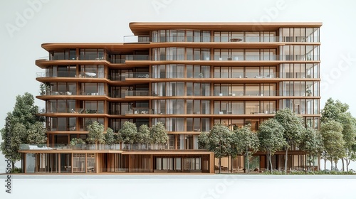 Wooden apartment building architectural model, trees, white background; real estate design