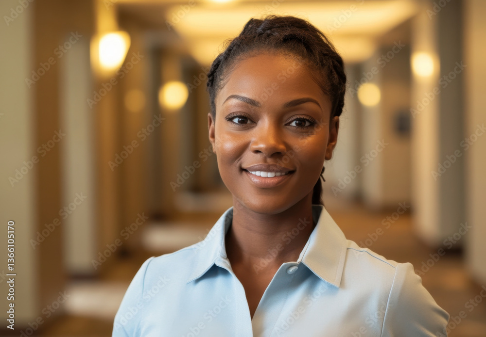 Obraz premium An African American woman is smiling confidently while standing in a modern hotel corridor. Soft lighting enhances her professional appearance. She wears a light blue shirt that complements her poise