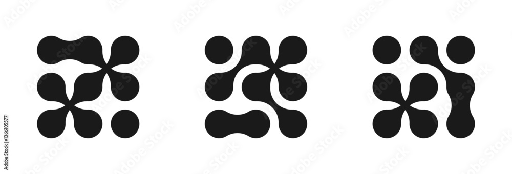 Fototapeta premium Dots metaball black pattern. A set and collection of abstract round shapes on a white background. Connected vector spots. Geometric circle decorative molecules. Texture. Modern minimalistic design.