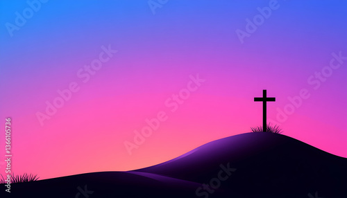 Silhouette of a cross atop a hill against a vibrant sunset
