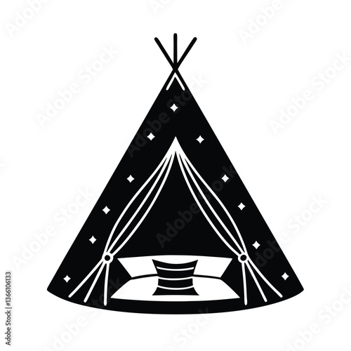 Vector illustration of a tent and house with 3D design elements, including a triangle shape, symbolizing nature, food, and holiday themes