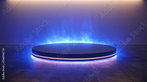 Illuminated circular platform, blue neon lights, empty stage, product display, futuristic background