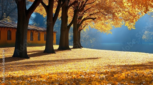 Autumnal Landscape with Golden Leaves and a Yellow Building