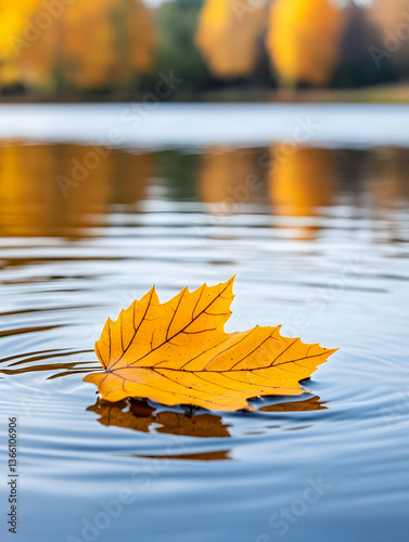 Single autumn leaf floats on calm water, reflecting fall foliage