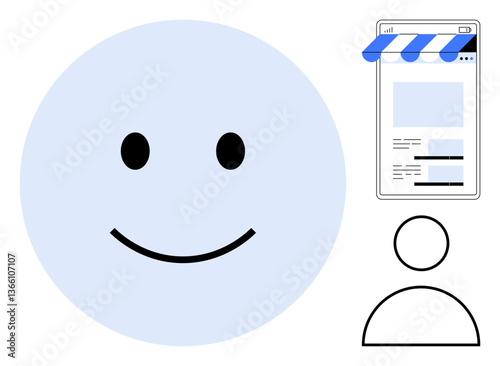 happy face indicating satisfaction, a web page with storefront awning for online shopping, and user icon. Ideal for e-commerce, customer experience, satisfaction, feedback, user interface design