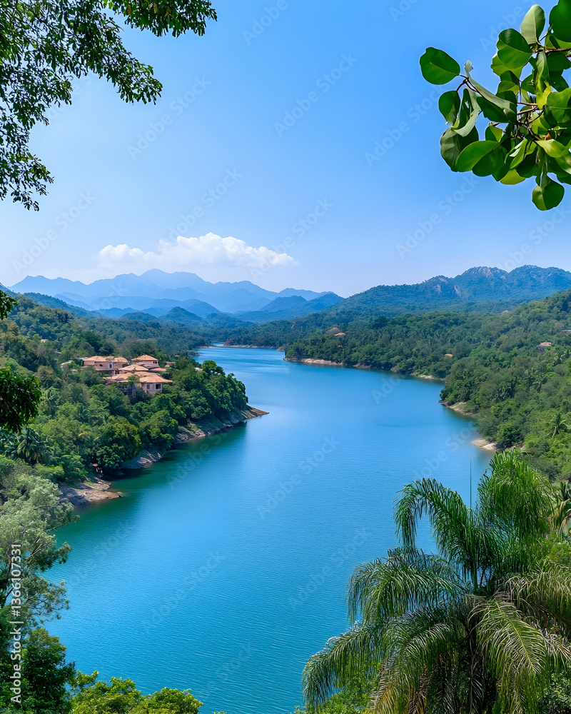 Obraz premium Serene mountain lake vista framed by lush greenery