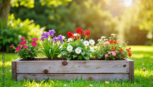 Vibrant flowers in rustic planter box during sunny garden day, beauty
