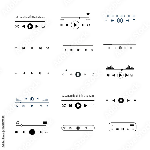 Set of audio or video player.  loading bars with time slider play and pause. Illustration vector.
