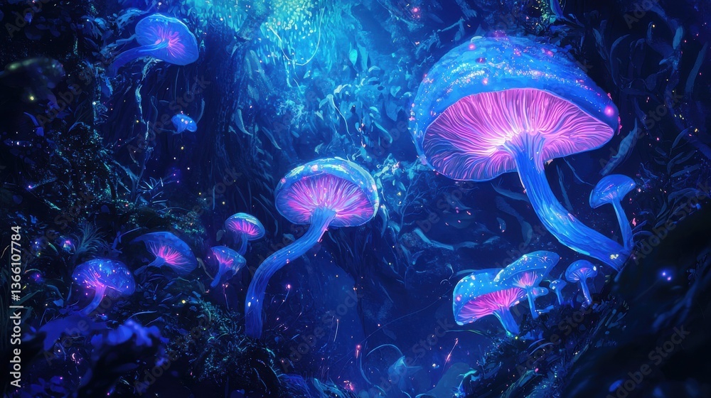 Forest luminous mushroom close-up fantasy fairy tale mysterious scene illustration.