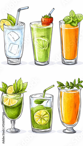 Six refreshing summer cocktails illustrated in vibrant colors, featuring various fruits, herbs, and ice