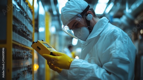 A radiation detection specialist using a Geiger counter in a nuclear facility, measuring radiation levels and safety data