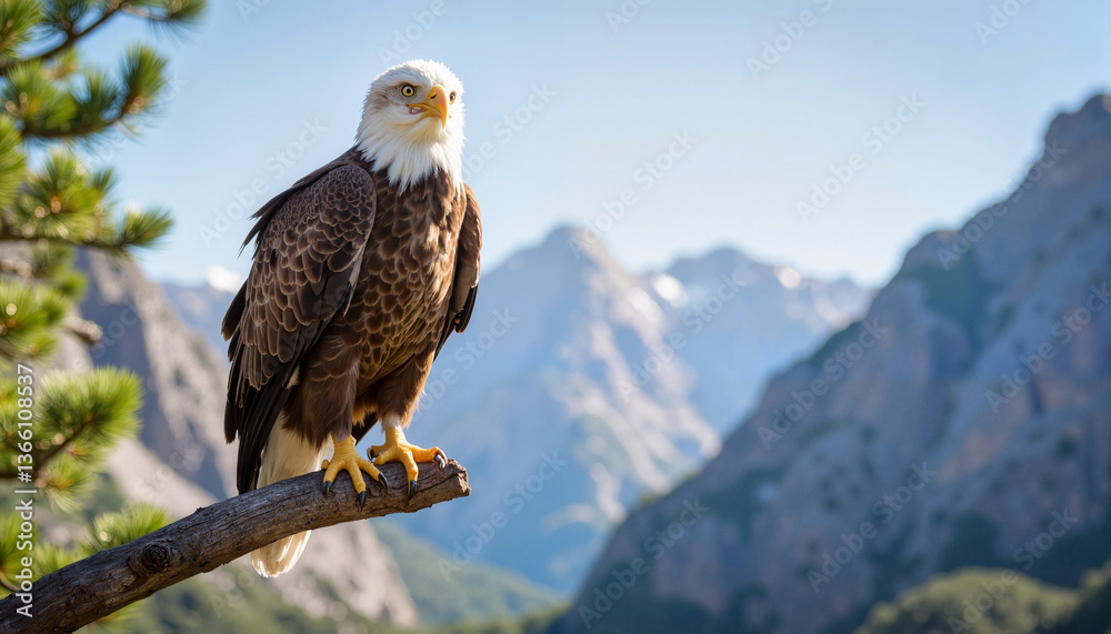 Obraz premium Majestic eagle perched on branch overlooking mountains, nature's beauty
