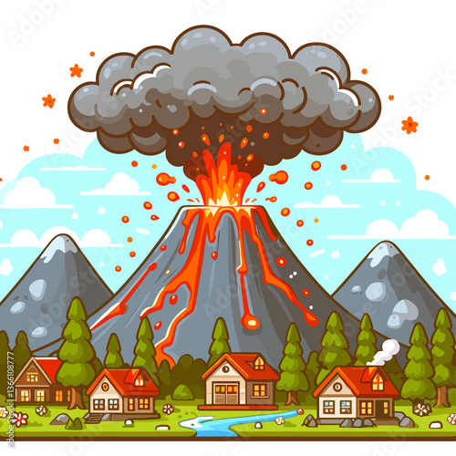 A cartoon drawing of a volcano erupting with lava and smoke