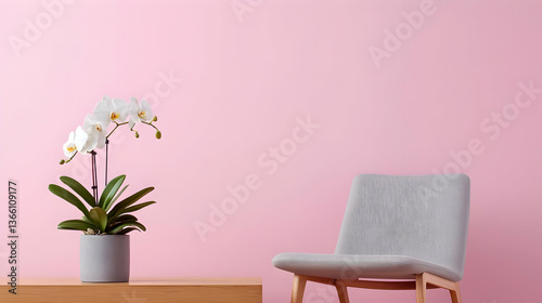 White Orchid Plant on Pink Wall with Grey Chair