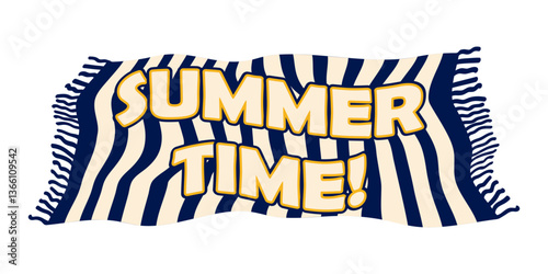 Summer time. Banner in the form of a striped beach towel with fringe and an inscription