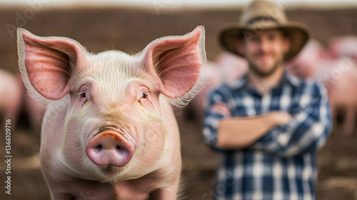 Farmer Proudly Presents His Pig on a Farm with a Herd in the Background