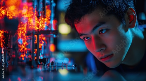 A researcher conducting an experiment on brain plasticity, with lab equipment measuring neuron activity in a laboratory setting