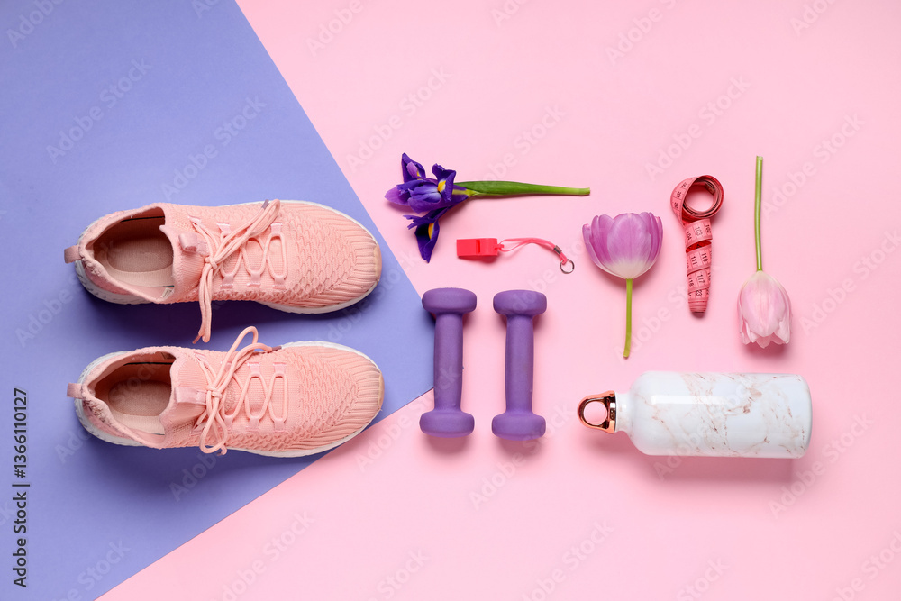 Fototapeta premium Composition with sports equipment, shoes and spring flowers on color background