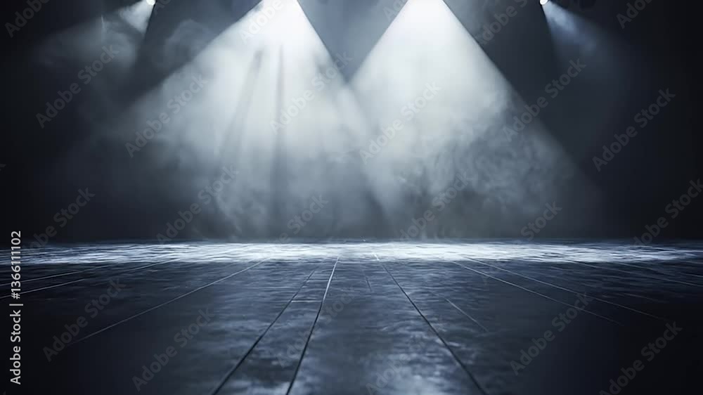 Stage lit by spotlights, with smoky atmosphere and a tiled floor creating an eerie ambiance.