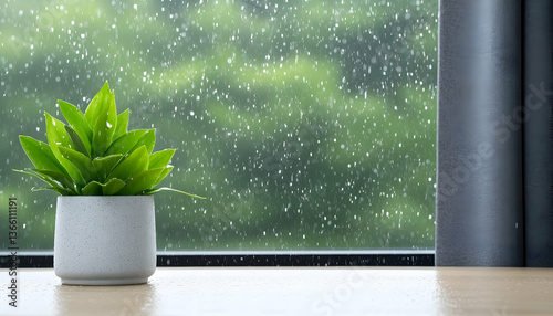 Small potted plant on a windowsill during rain